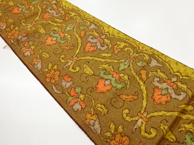 手織り真綿紬花唐草模様織出し名古屋帯